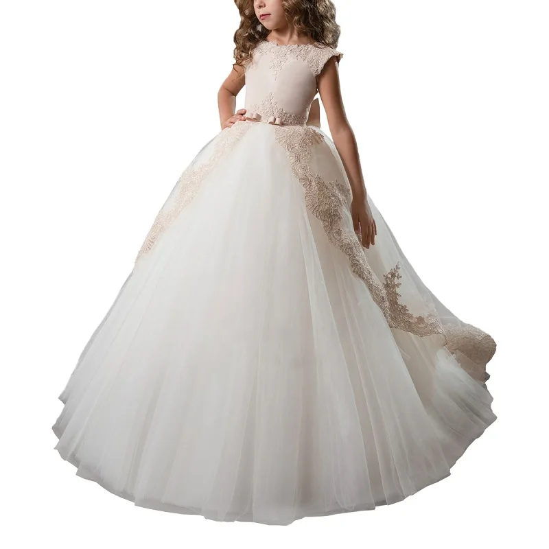 Champagne Cap Sleeves Lace Elegant Wedding Pageant Dress For Girls Bow Sweep train  Ball Gowns Lace Flower Girls Princess Dress