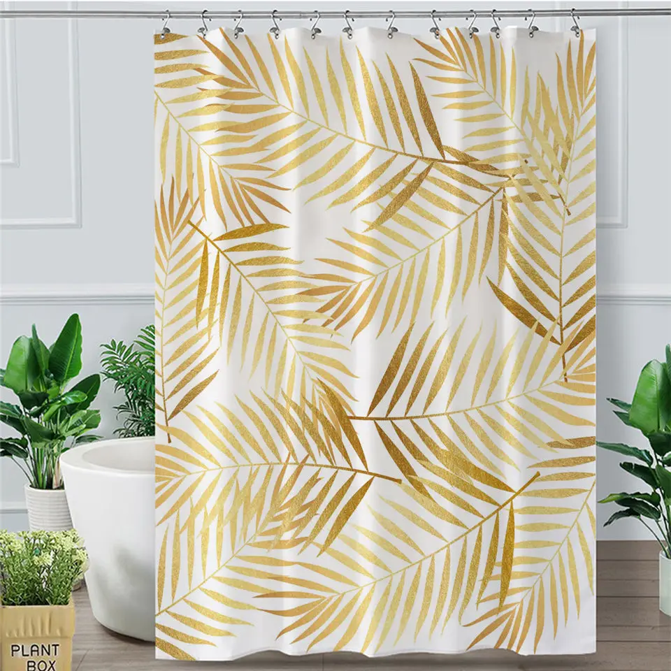 Golden Leaf Shower Curtain Tropical Botanic Waterproof Bathroom Curtain With Hooks Modern Palm Leaves douche gordijn