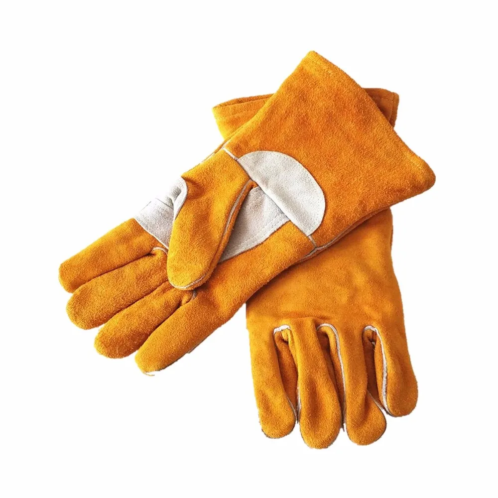 Luvas de solda 14 "35cm split couro do couro luvas soldador reforçado polegar palma ce certificado dourado mig/vara luvas de solda