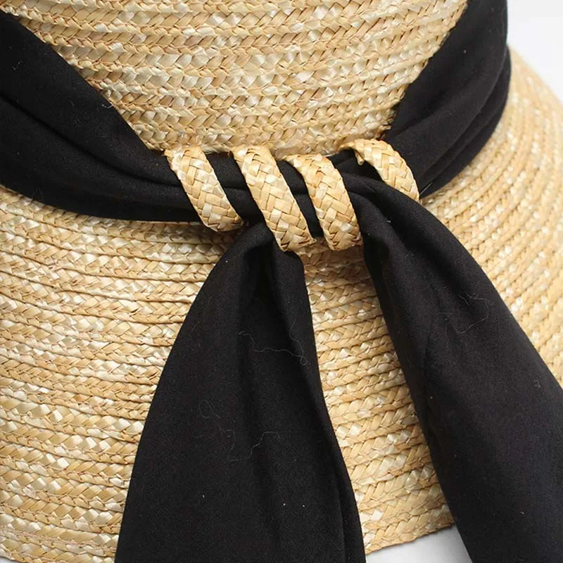 Wide Brim Cloche Straw Hat for Women UPF50 Sun Hat Black Ribbon Knot Wide Brim Woven Bucket Hat Summer Beach Cap Derby Hat