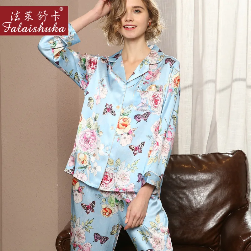 

19 momme Fresh butterfly 100% genuine silk pajamas sets women pyjamas long sleeve female Sexy Floral mulberry silk sleepwear