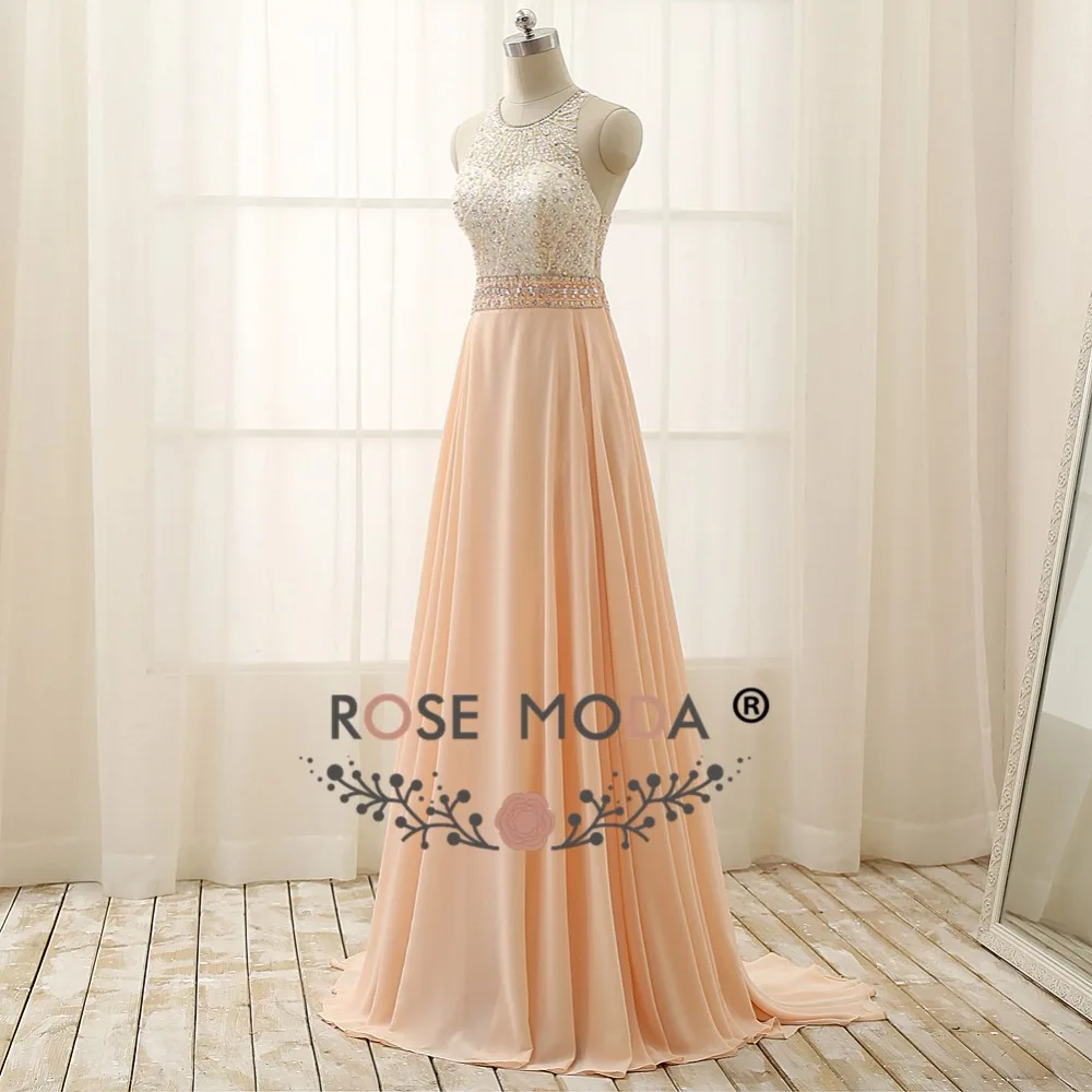 Rose Moda Crystal Beaded Backless Peach Evening Dress Floor Length Real Photos