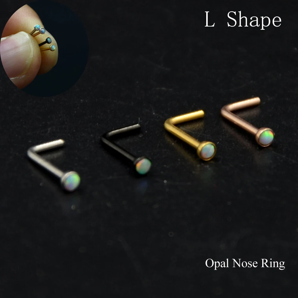 4pcs Surgical Steel Anodized Colorful Opal Stone L Shape  Nose Screw Stud Piercing Ring Retainer Body Jewelry 20g