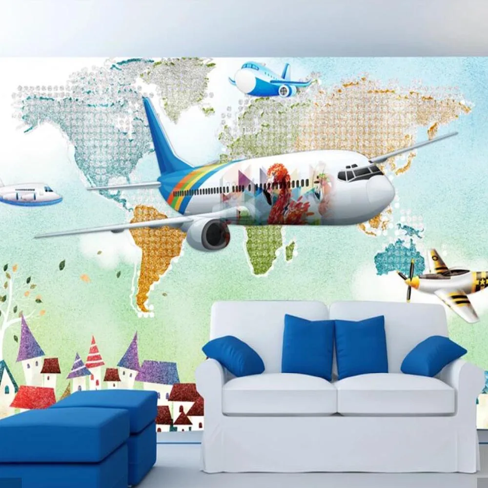 

3D Watercolor World Map Airplane Wallpaper Murals for Kids Living Room Art Wall Decals Contact Paper Roll 3d Wall Murals Custom