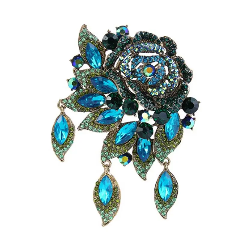 Luxurious rhinestone crystal Rose Flower Leaf Brooch Pendant Austrian Crystal scarf pin brooch jewelry