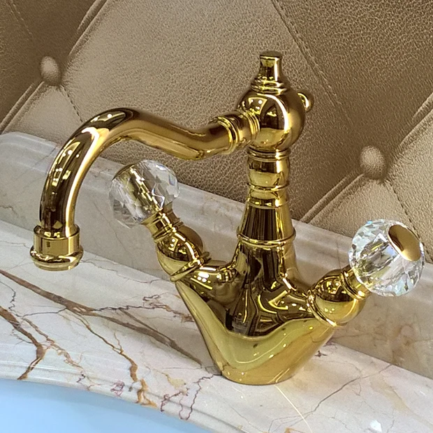 Free shipping Gold clour double Crystal handles New bathroom sink mixer faucet Single hole