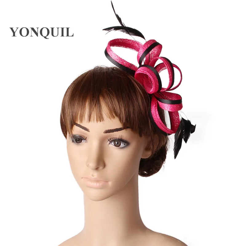 HOT Pink Sinamay Fascinator Hats Party Headwear Feather For Kentucky Derby Wedding Race Hat TOP Grade Hair Accessories MYQ123