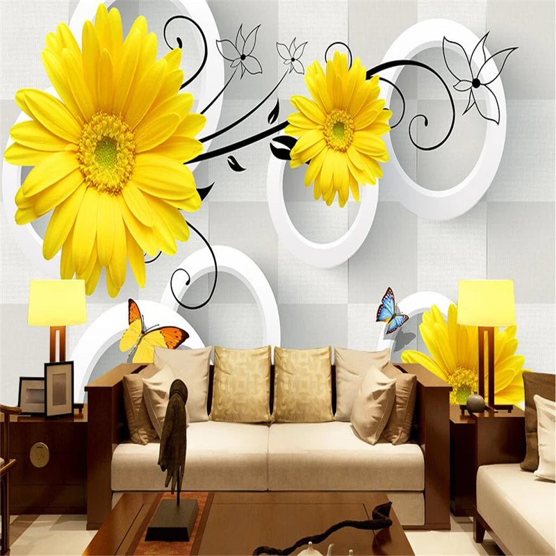 

beibehang Custom Photo Wallpaper Mural Wall Sticker Hand painted Sunflower 3D Circle Background Wall Decorative Painting