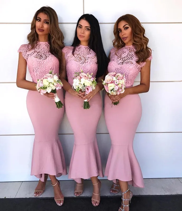 

Pink Bridesmaid Dresses For Women Mermaid Cap Sleeves Satin Lace Hi Low Long Cheap Under 50 Wedding Party Dresses