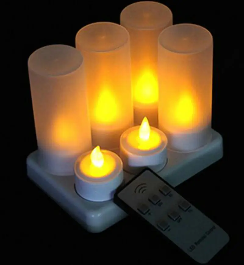 Set of 6pcs LED candle remote controlled Flickering frosted Rechargeable Tea Light Electronics Candles waxless Bar Wedding-Amber