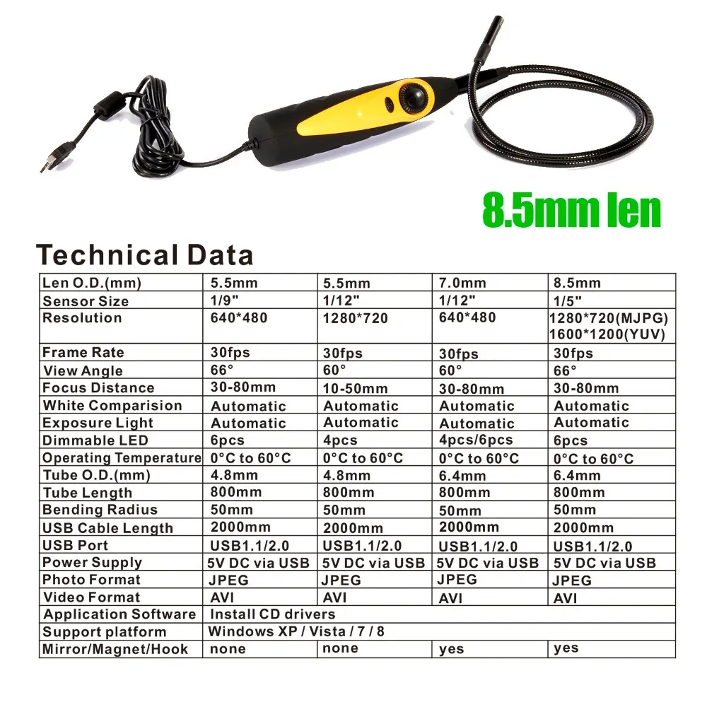 98AS Handheld Usb Inspectie Camera Endoscoop Camera Wit Licht Led Snake Tube Inspectie Borescope Voor Auto