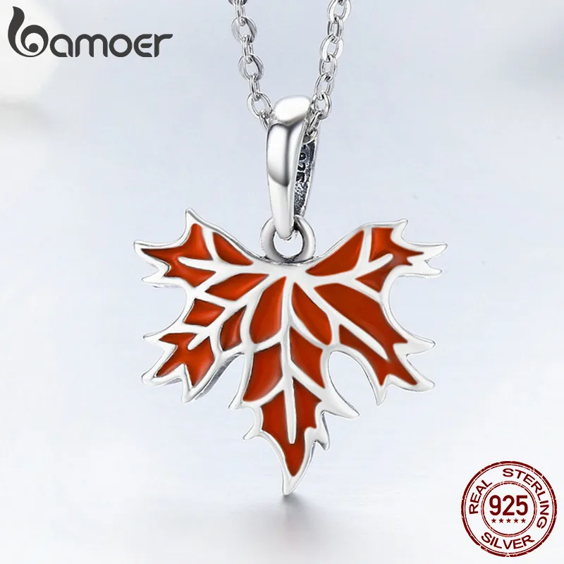 BAMOER 100% 925 Sterling Silver Autumn Maple Tree Leaves Pendant Necklace for Women Luxury Sterling Silver Jewelry Gift CC585