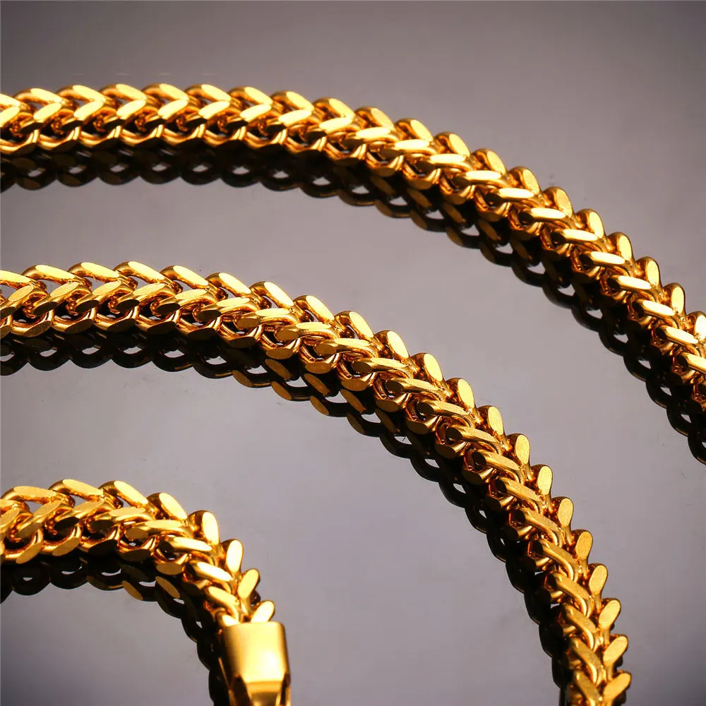 U7 Gold Color Chain For Men Hiphop Jewelry Wholesale Stainless Steel Steampunk Style Wheat Chain Chunky Necklace N435