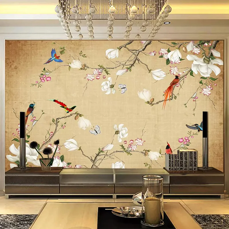 

Custom Any Size Mural Wallpaper 3D Stereo Flowers Birds Chinese Style Hand Painted Photo Wall Painting Living Room TV Sofa Decor