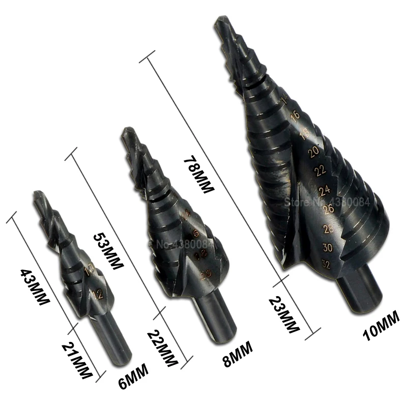 3Pcs Set 4-32/20/12MM Nitrided Black Spiral Grooved Step Drill Bits Triangle Shank HSS Cone Hole Cutter Punching Power Tools