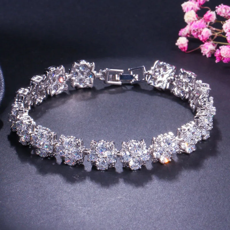 BeaQueen Beautiful Yellow Flower Connected Cubic Zircon Crystal Tennis Bracelet Silver Color Wedding Jewelry for Women B134