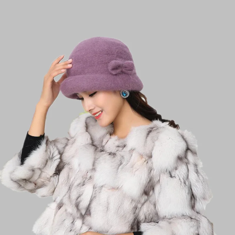 

Ladies Elegant Winter warm Cap 100% Rabbit Wool Warm Flower Floppy Hats for Women Middle Age Female Bucket Fedoras Hats For mom