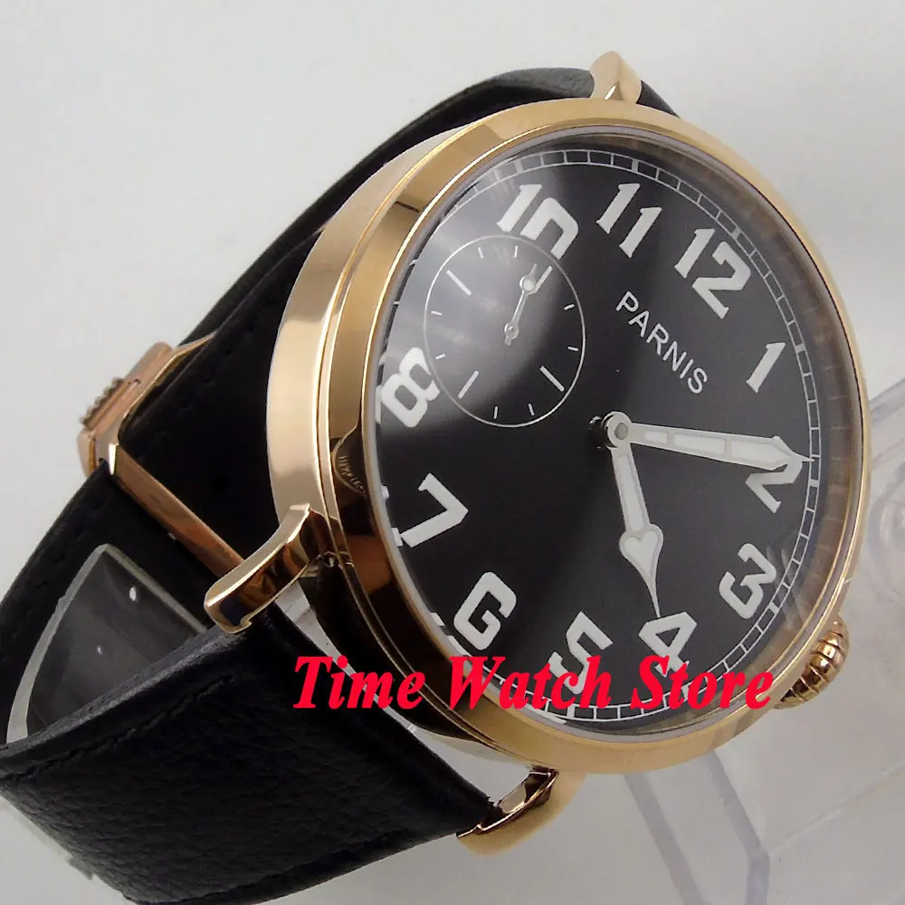 Parnis 46mm Rose Gold Mens Watch 6497 Hand Winding Movement Black Dial Luminous Arabic Numbers Small Seconds Leather Strap