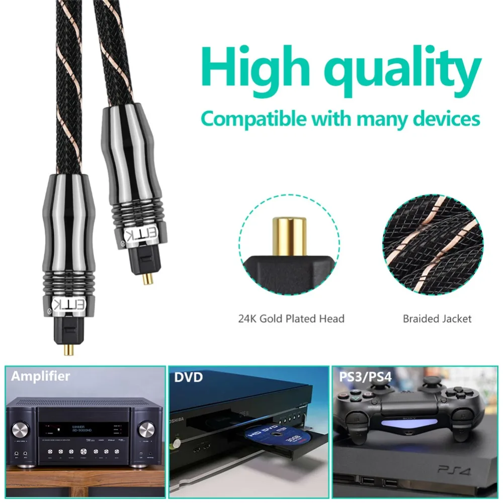 EMK Toslink Cable 5.1 Optical Audio Cable SPDIF Fiber Cord Braided Jacket 1m 2m 15m For Spearker Sound Bar TV Toslink Cable