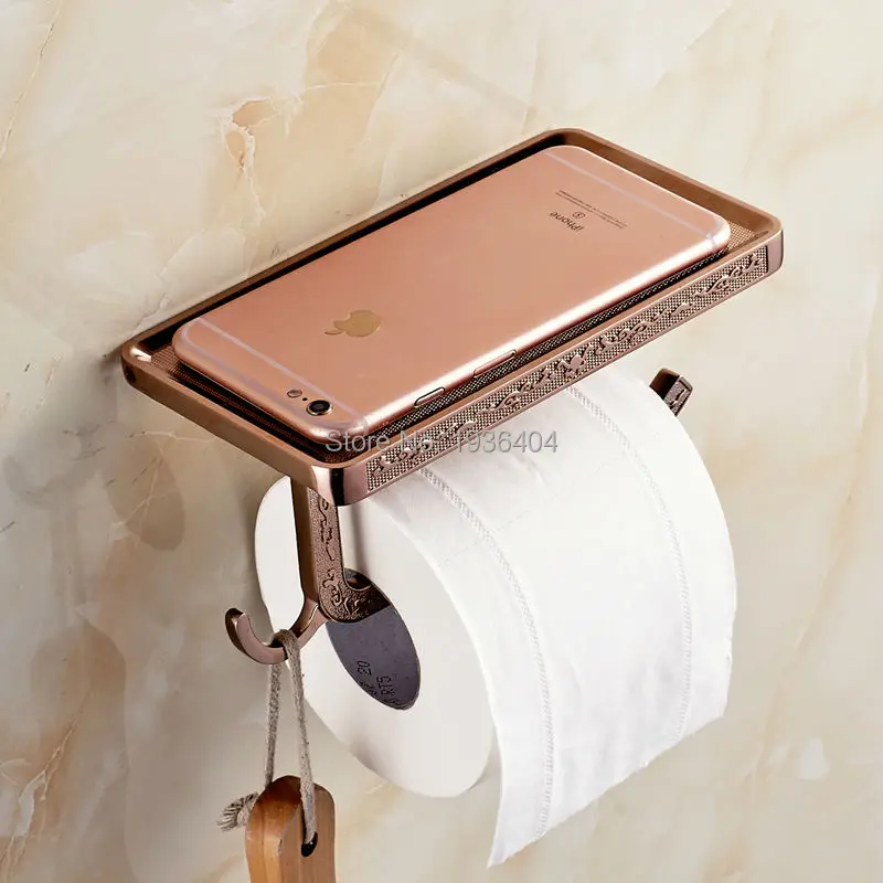 

Free Shipping Toilet Paper Holder Rose Golden Finished Carving Phone Rack Wall Mounted Toilet Paper Holder with Hook PH220