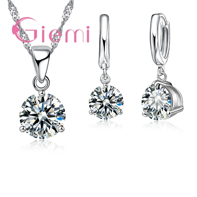 8 Colors 925 Sterling Silver Wedding Elegant Jewelry Sets Crystal Pendant Collar Necklace Earrings Women Decoration Set