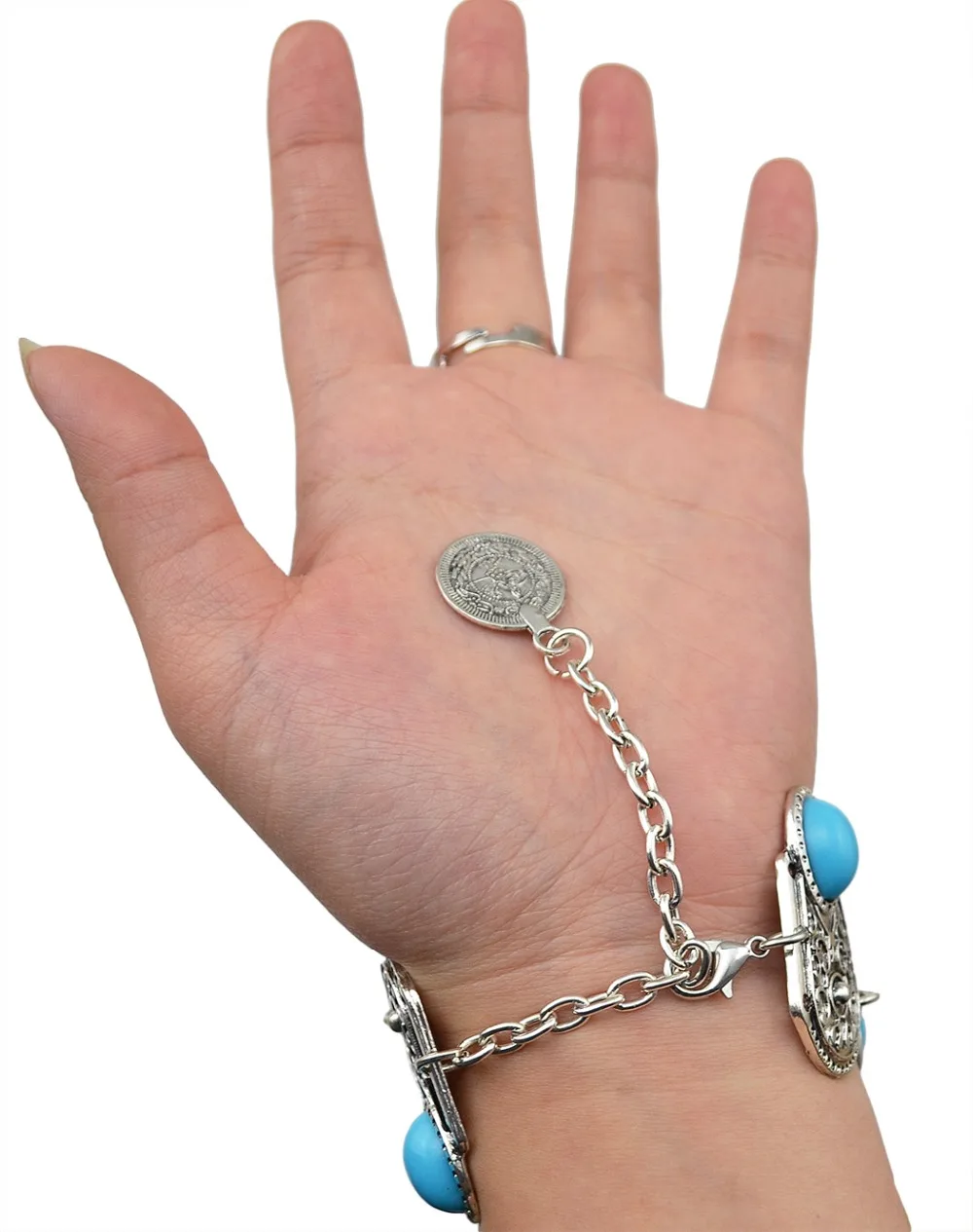 Vintage Finger Bracelet Pulseras Bohemian Gypsy Beach Charm Turkish Coin Pendant Hand Chain Blue Stone Slave Bracelet Bangle