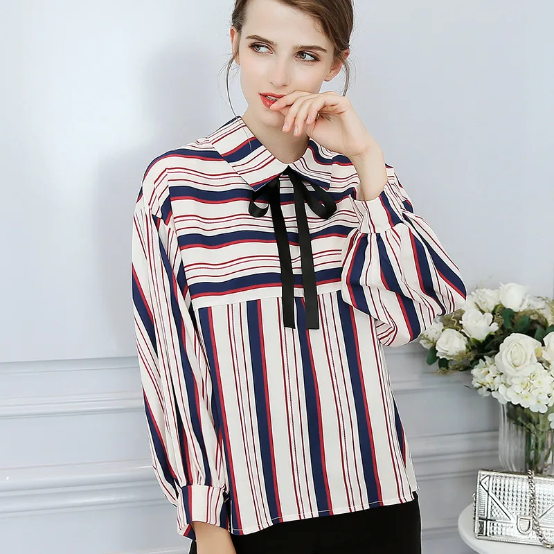 Camisa de gasa a rayas para mujer, blusa informal holgada de manga larga con cuello vuelto, con lazo, Top a la moda, para primavera y verano, H9079