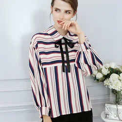 Camisa feminina de chiffon listrada, camisa feminina de manga longa com gola virada para baixo, blusa casual solta da moda e laço h9079 para primavera e verão