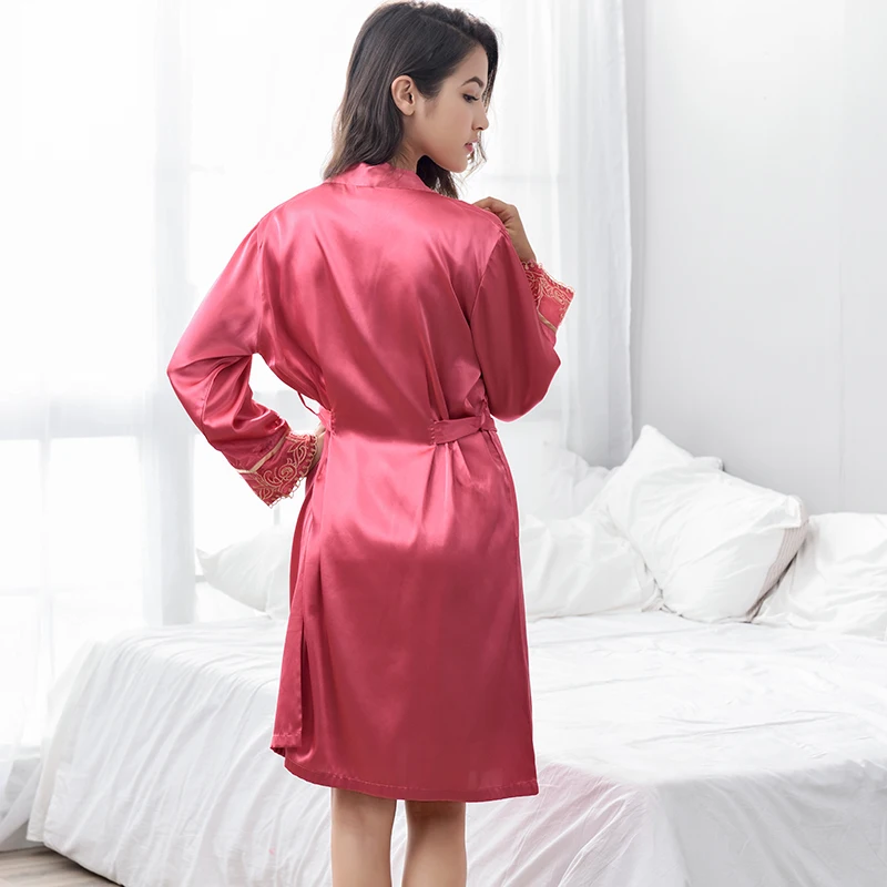 Xifenni Robe Sets Female Sexy Satin Silk Sleepwear Women V-Neck Embroidery Faux Silk Two-Piece Bathrobes Sleeping Gown X9222