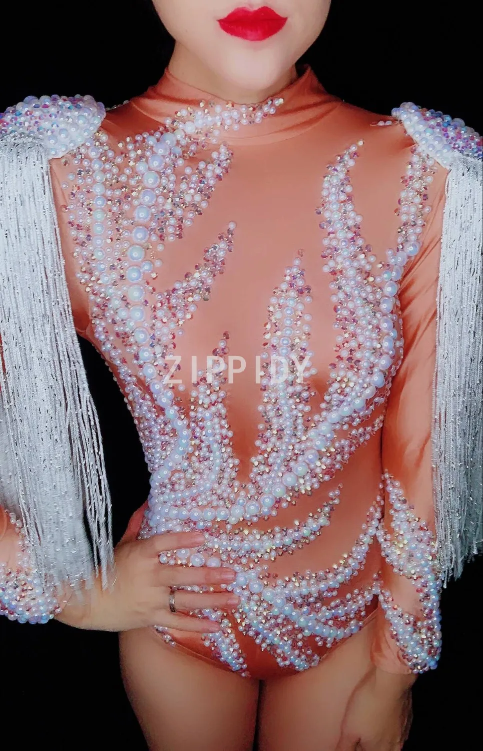 Bling Rhinestones ไข่มุกสีขาวพู่ Spandex บอดี้สูทนักร้องหญิง Dancer เครื่องแต่งกายไนท์คลับผู้หญิง Party Bodysuit