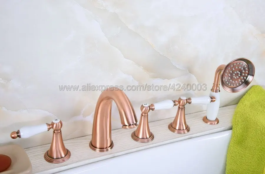 Antique Red Copper Roman Bathtub Tub Faucet Deck Mounted Hot and Cold Water Bath Shower Mixer Taps Ktf210