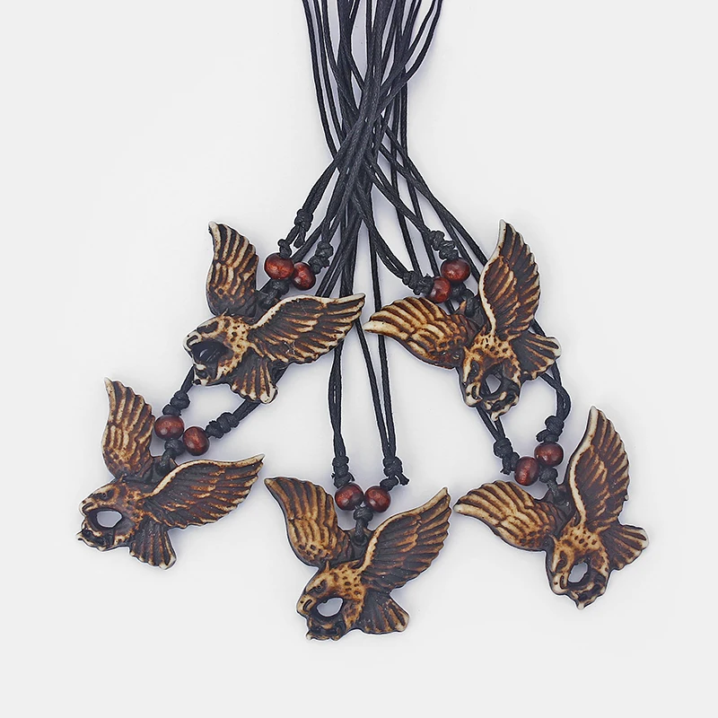 12 pcs Imitation Yak Bone Eagle Charms Pendant Collar Black Wax Cord Wood Beads Necklace Jewelry 13-26inch Adjustable