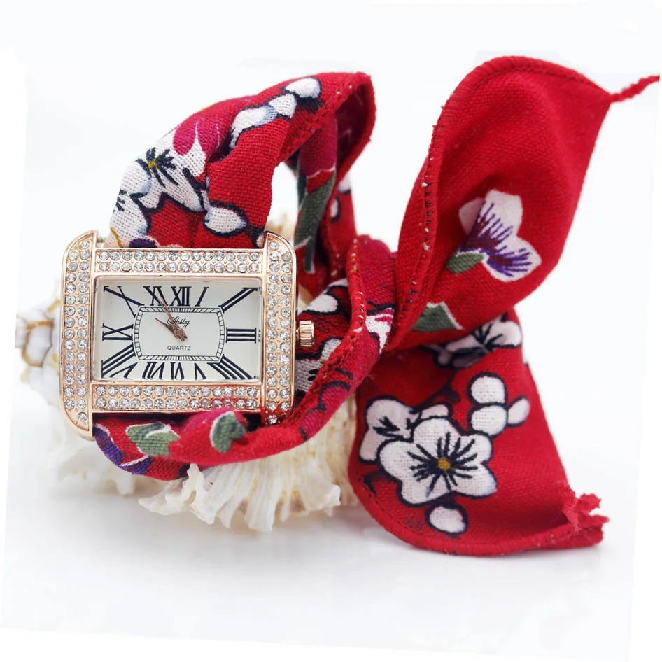 Shsby relógio de pulso feminino quadrado com pulseira de tecido e flores, da moda, relógio elegante de alta qualidade, pulseira feminina