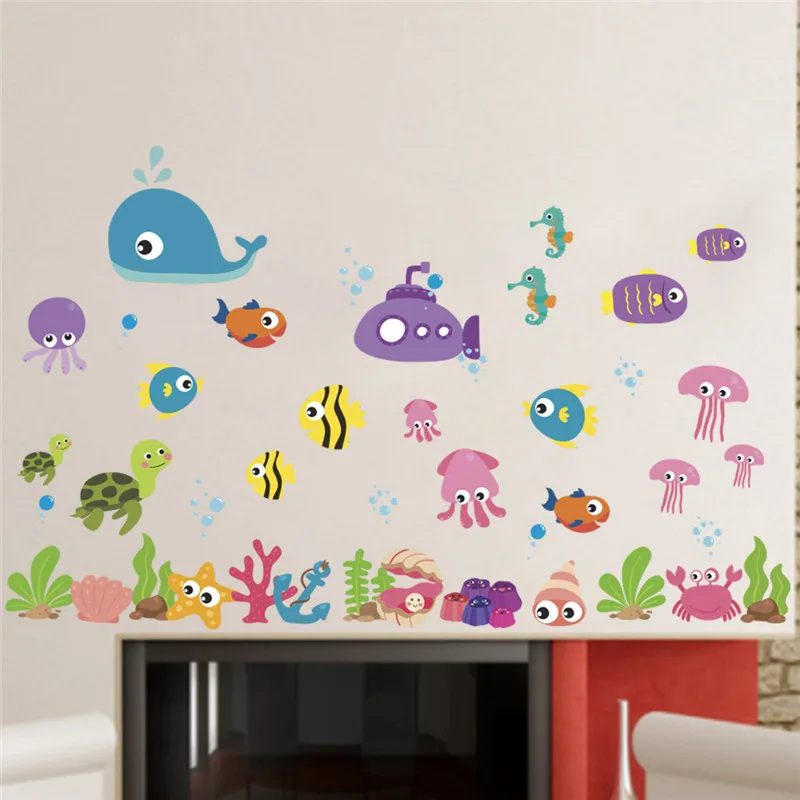 Autocollants muraux dessin animé poisson Sealife pour chambre d\'enfants salle de bains décoration de la maison imperméable Animal plinthe murale Art