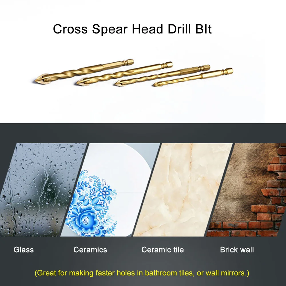 1Pc Hex Shank Titanium Tungsten Drill Bit Carbide Tile Glass holes  Cross Spear Head Drilling Cutter Tool 6mm 8mm 10mm 12mm