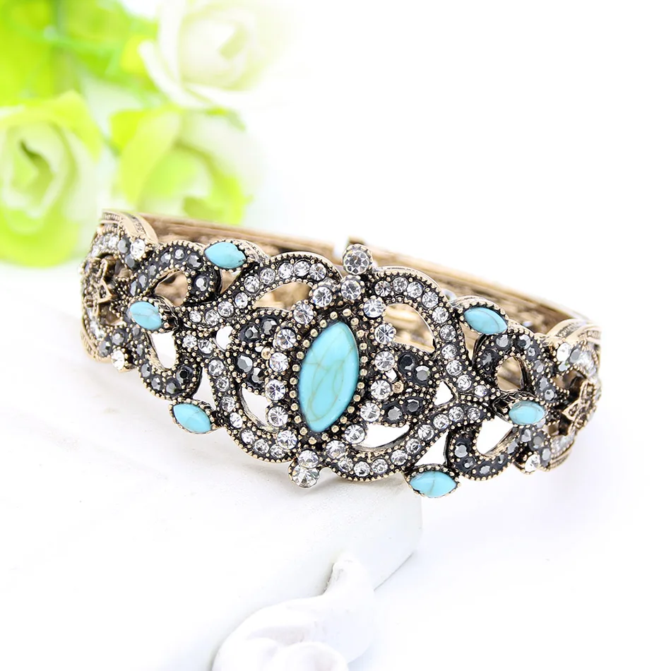 SUNSPICE-MS New Turkish Natural Stones Bangle Ring Sets Bohemia Ethnic Wedding Jewelry Sets Antqiue Gold Color Vintage Bijoux