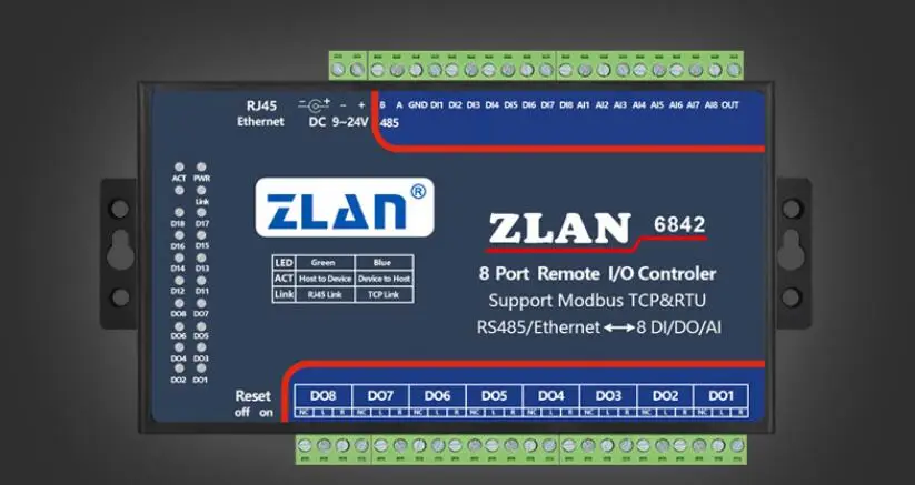 ZLAN6842 RS485 RJ45 Ethernet 8 channels DI AI DO RS485 Modbus I/O module RTU  data collector remote controller board module