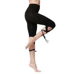 Sport Tights Pants Woman Fitness High Waist Push Up Solid Slim Cross Bandage Lace Stretch Ballet Dance Yoga Gym Crop Leggings