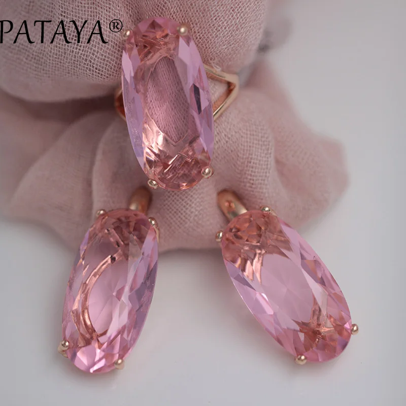 PATAYA New Fine Jewelry Set For Women Fashion Wedding 585 Rose Gold Color Oval Artificial Cubic Zircon Blue Earrings Rings Sets