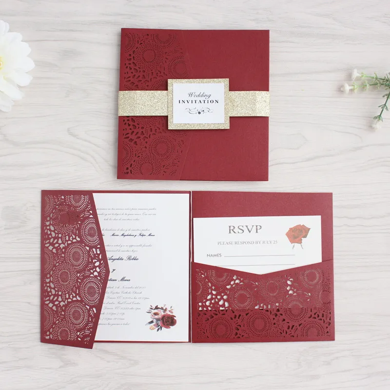 

Burgundy flower laser cut wedding invitation with RSVP envelop glittery belly band tri-fold pocket invites free printing