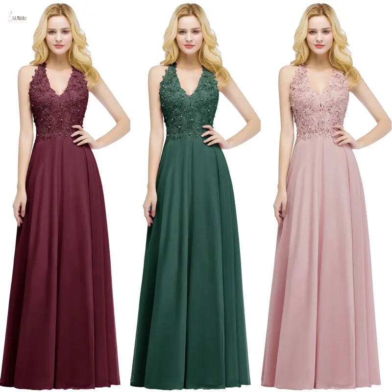 Burgundy Chiffon Long Bridesmaid Dresses V Neck Sleeveless Applique Wedding Party Gown vestido madrinha