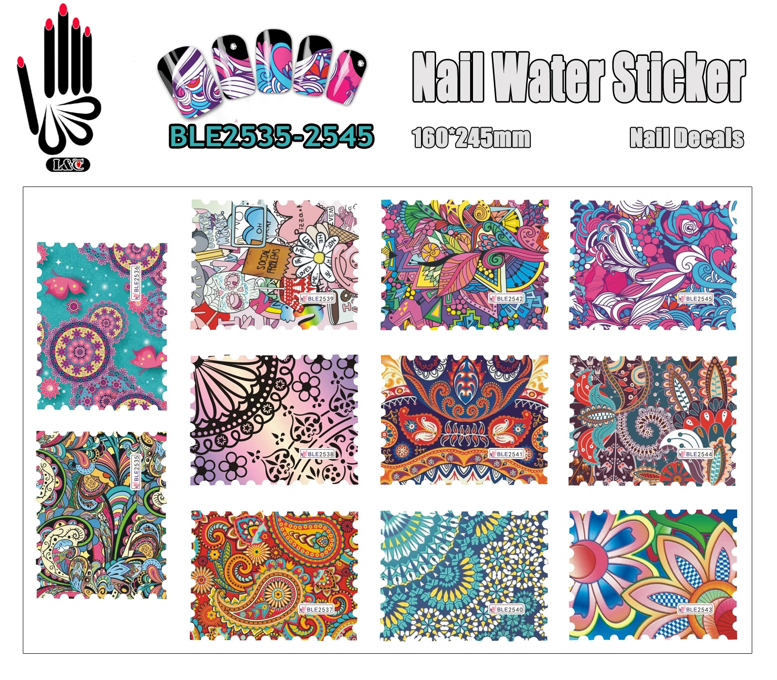 11 Sheets/Lot Newest Nail Tattoo BLE2535-2545 Paisley Mandala Argos Stamp Full Nail Art Water Sticker for Nail(11 DESIGNS IN 1)