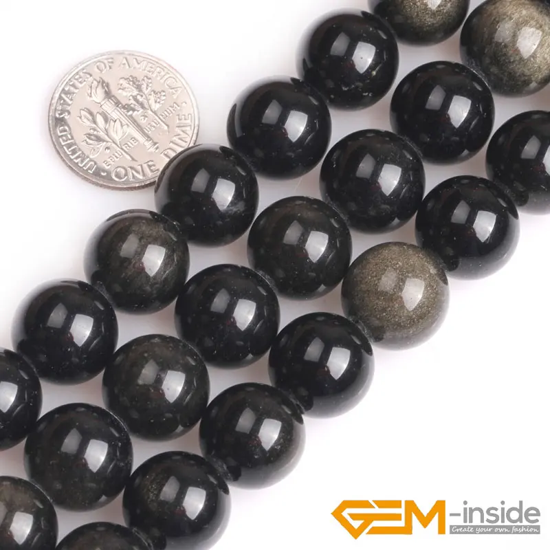 1.5mm-2mm Big Hole Natural 6mm 8mm 10mm12mm Round Golden Black Obsidian Stone Loose Beads For Jewelry Making 15\