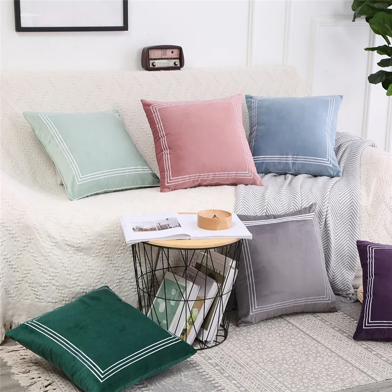 Solid Home Decorative Velvet Cushion Cover Vintage Embroidery Pink Purple Mint Grey Blue Pillow Case for Home Sofa Bed  45x45cm