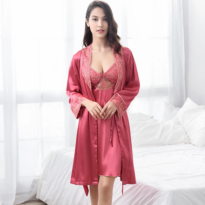 Xifenni Robe Sets Female Sexy Satin Silk Sleepwear Women V-Neck Embroidery Faux Silk Two-Piece Bathrobes Sleeping Gown X9222