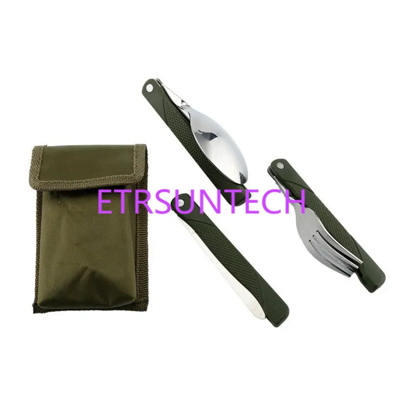 Army Green Folding Portable Stainless Steel Camping Picnic Cutlery Knife Fork Spoon Bottle Opener Flatware Tableware Travel Kit