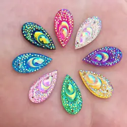 40PCS AB Resin 10*20mm Teardrop Peacock eye Flat back rhinestone applique scrapbook Wedding Embellishment diy 2 hole craft SK83