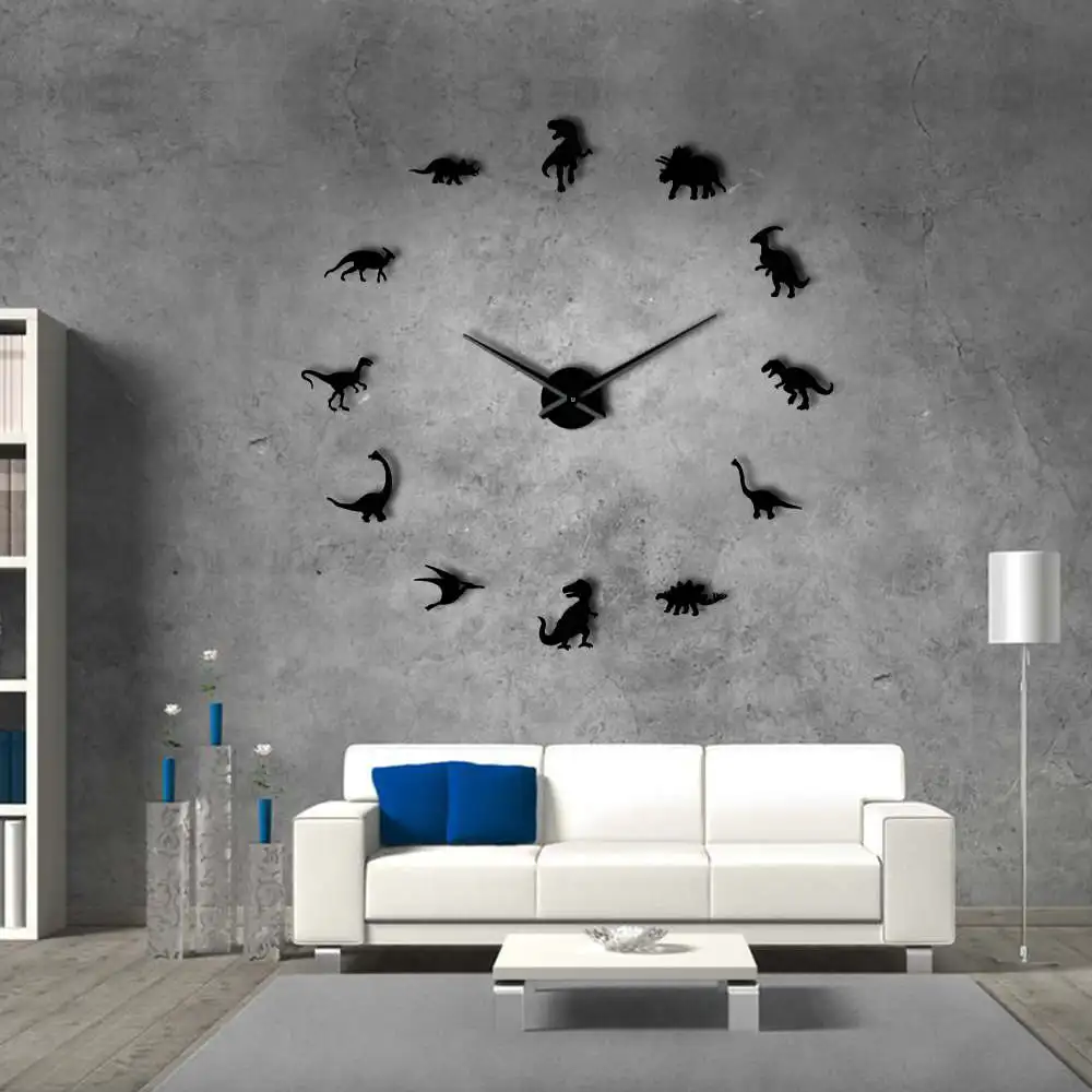 Jurassic Dinosaurs Wall Art T-Rex 3D DIY Large Mute Wall Clock Kids Room Decoration Giant Frameless Dino Modern Clock Watch