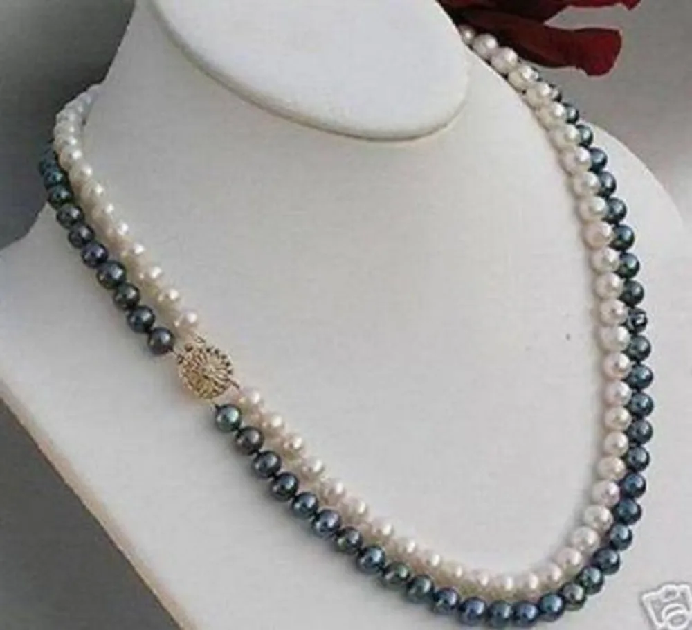 

2rows 7-8mm black white freshwater Cultivation pearl necklace^^^@^Noble style Natural Fine jewe FREE SHIPPING