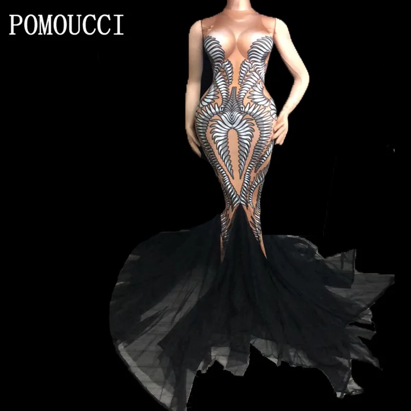 

Women New Fashion 3D Printing Black Long Trailing Dress Sexy Fishtail Dresses Female DJ Singer Stage Dance Outfit Party Costume